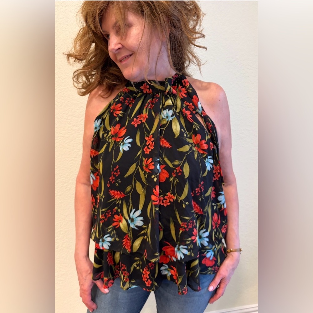 CeCe Floral Halter Blouse Black Sheer Layered Top Boho Summer Tank size L